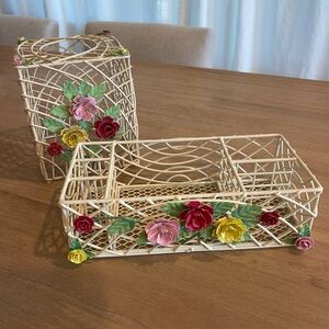 Vintage 1950s Italian Tole Floral Metal Tissue Box & Organizer
